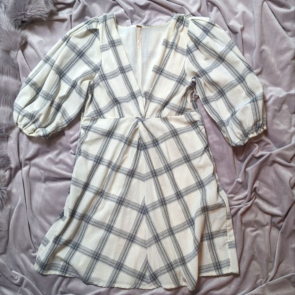 Free People Miss Molly White Grid Print Puffer Sleeve Mini Dress - Size 6